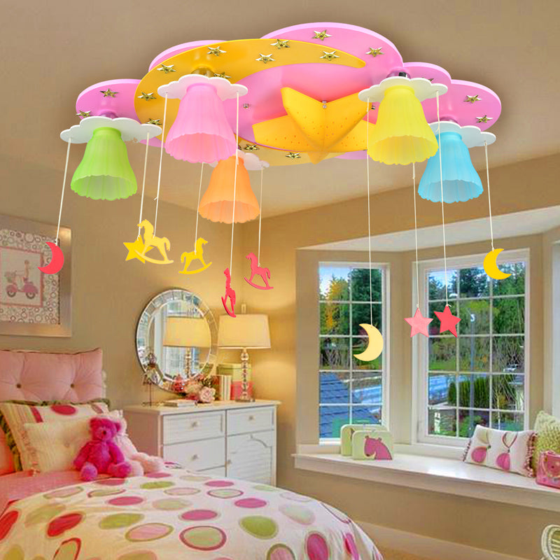 Kids Room LED Semi Flush Mounted Light Cartoon Ceiling Fixture with Bell Multi-Color Glass Shade Pink Clearhalo 'Ceiling Lights' 'Close To Ceiling Lights' 'Close to ceiling' 'Glass shade' 'Glass' 'Semi-flushmount' Lighting' 2282371