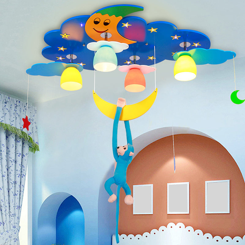 Stained Glass Bell Ceiling Lamp Cartoon 5-Head Semi Flush Light with Plush Monkey for Childrens Room Clearhalo 'Ceiling Lights' 'Close To Ceiling Lights' 'Close to ceiling' 'Semi-flushmount' Lighting' 2282376