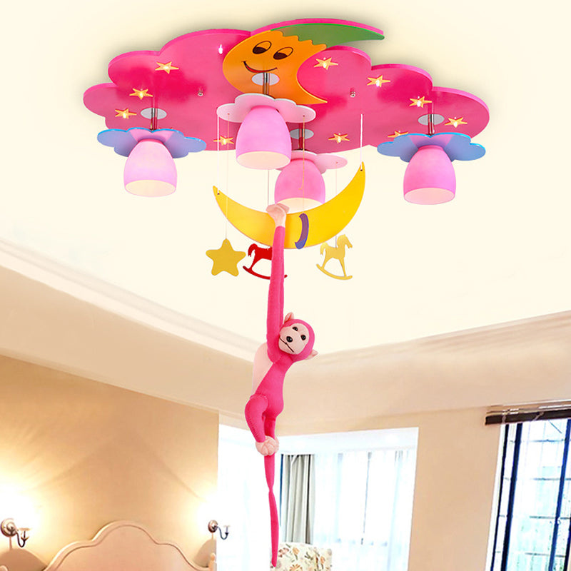 Stained Glass Bell Ceiling Lamp Cartoon 5-Head Semi Flush Light with Plush Monkey for Childrens Room Pink Clearhalo 'Ceiling Lights' 'Close To Ceiling Lights' 'Close to ceiling' 'Semi-flushmount' Lighting' 2282377