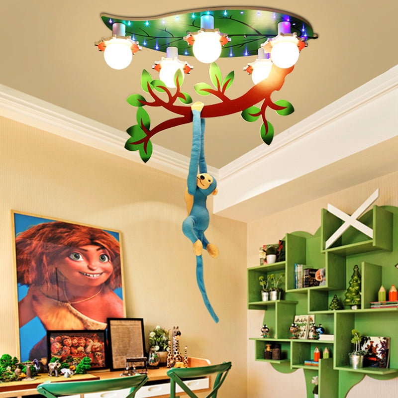 Cartoon Jungle Monkey Ceiling Flush Light Acrylic 5-Bulb Kindergarten Semi Mount Lighting in Green Clearhalo 'Ceiling Lights' 'Close To Ceiling Lights' 'Close to ceiling' 'Semi-flushmount' Lighting' 2282381