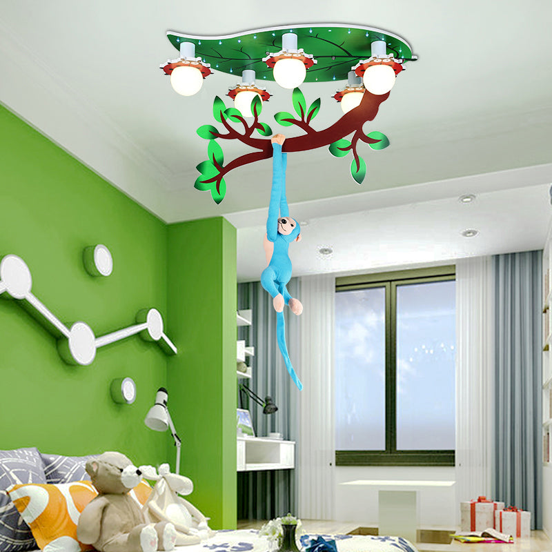 Cartoon Jungle Monkey Ceiling Flush Light Acrylic 5-Bulb Kindergarten Semi Mount Lighting in Green Clearhalo 'Ceiling Lights' 'Close To Ceiling Lights' 'Close to ceiling' 'Semi-flushmount' Lighting' 2282382