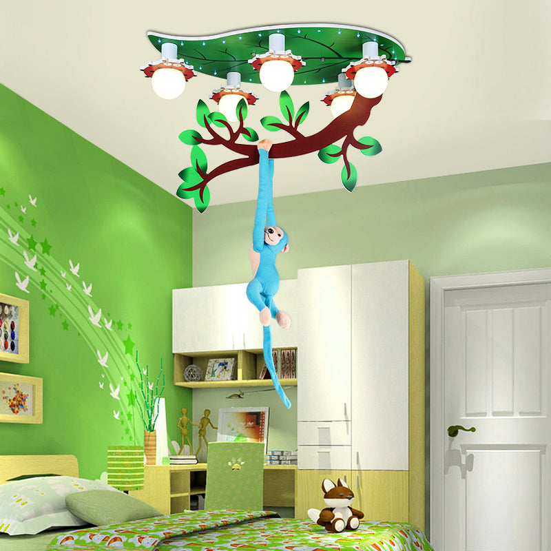 Cartoon Jungle Monkey Ceiling Flush Light Acrylic 5-Bulb Kindergarten Semi Mount Lighting in Green Clearhalo 'Ceiling Lights' 'Close To Ceiling Lights' 'Close to ceiling' 'Semi-flushmount' Lighting' 2282383