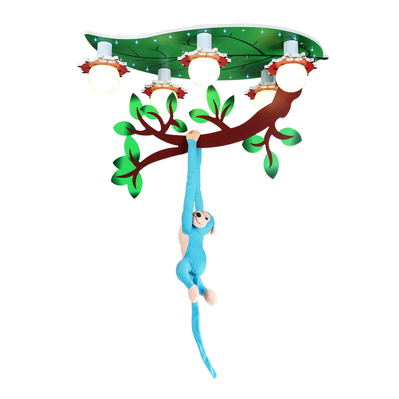 Cartoon Jungle Monkey Ceiling Flush Light Acrylic 5-Bulb Kindergarten Semi Mount Lighting in Green Clearhalo 'Ceiling Lights' 'Close To Ceiling Lights' 'Close to ceiling' 'Semi-flushmount' Lighting' 2282384
