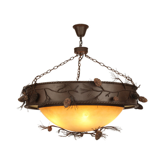 4 Lights Ceiling Light Country Bowl Frosted Glass Hanging Chandelier in Red Brown with Pinecone Accents Clearhalo 'Ceiling Lights' 'Chandeliers' 'Glass shade' 'Glass' Lighting' 228238