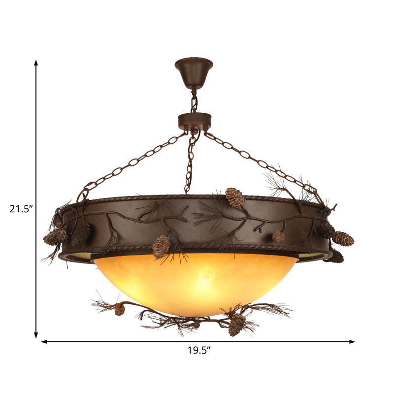 4 Lights Ceiling Light Country Bowl Frosted Glass Hanging Chandelier in Red Brown with Pinecone Accents Clearhalo 'Ceiling Lights' 'Chandeliers' 'Glass shade' 'Glass' Lighting' 228239