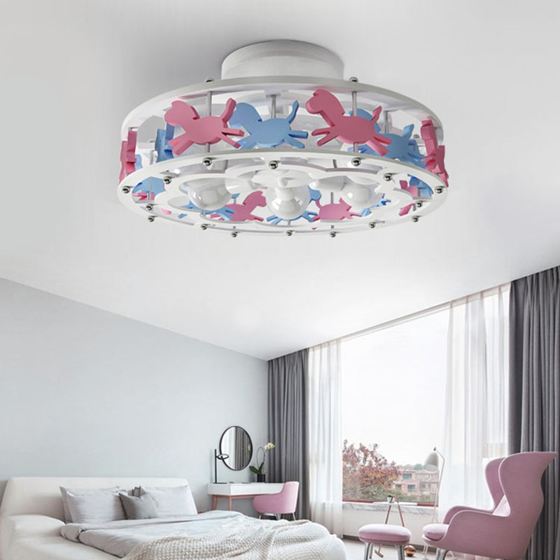Drum Shaped Semi Flush Mount Lamp Cartoon Metal 6-Light Kids Room Ceiling Lighting in White Clearhalo 'Ceiling Lights' 'Close To Ceiling Lights' 'Close to ceiling' 'Semi-flushmount' Lighting' 2282393