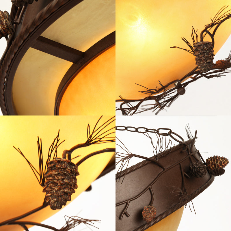 4 Lights Ceiling Light Country Bowl Frosted Glass Hanging Chandelier in Red Brown with Pinecone Accents Clearhalo 'Ceiling Lights' 'Chandeliers' 'Glass shade' 'Glass' Lighting' 228240