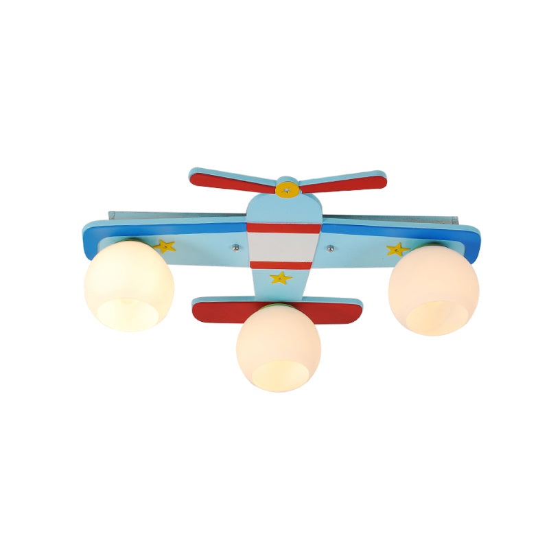Cartoon Shape Wooden Ceiling Mounted Lamp Kids Style Blue Semi Flush Mount Lighting for Nursery Blue Airplane Clearhalo 'Ceiling Lights' 'Close To Ceiling Lights' 'Close to ceiling' 'Glass shade' 'Glass' 'Pendant Lights' 'Semi-flushmount' Lighting' 2282400