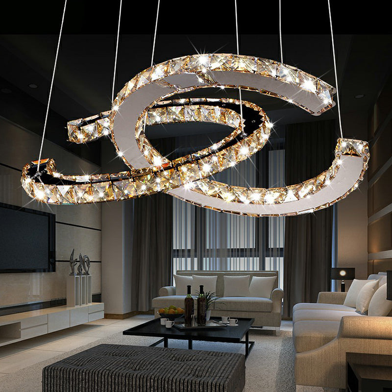 Crystal C Shaped LED Pendant Chandelier Minimalistic Stainless Steel Hanging Ceiling Light Clearhalo 'Ceiling Lights' 'Chandeliers' 'Clear' 'Industrial' 'Modern Chandeliers' 'Modern' 'Tiffany' 'Traditional Chandeliers' Lighting' 2282432
