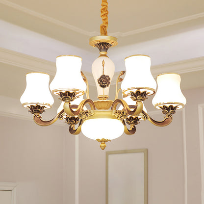 White Glass Flared Chandelier Vintage Dining Room Suspended Lighting Fixture in Brass 6 White Clearhalo 'Ceiling Lights' 'Chandeliers' Lighting' options 2282486_2d2fcc01-6aea-4165-b3db-a122310a37d8