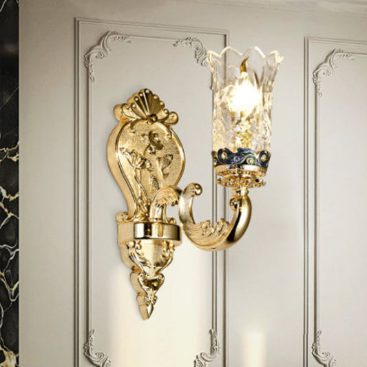 Gold Plated Sconce Lighting Antique Carved Glass Floral Wall Mount Lamp for Foyer Clearhalo 'Wall Lamps & Sconces' 'Wall Lights' Lighting' 2282507