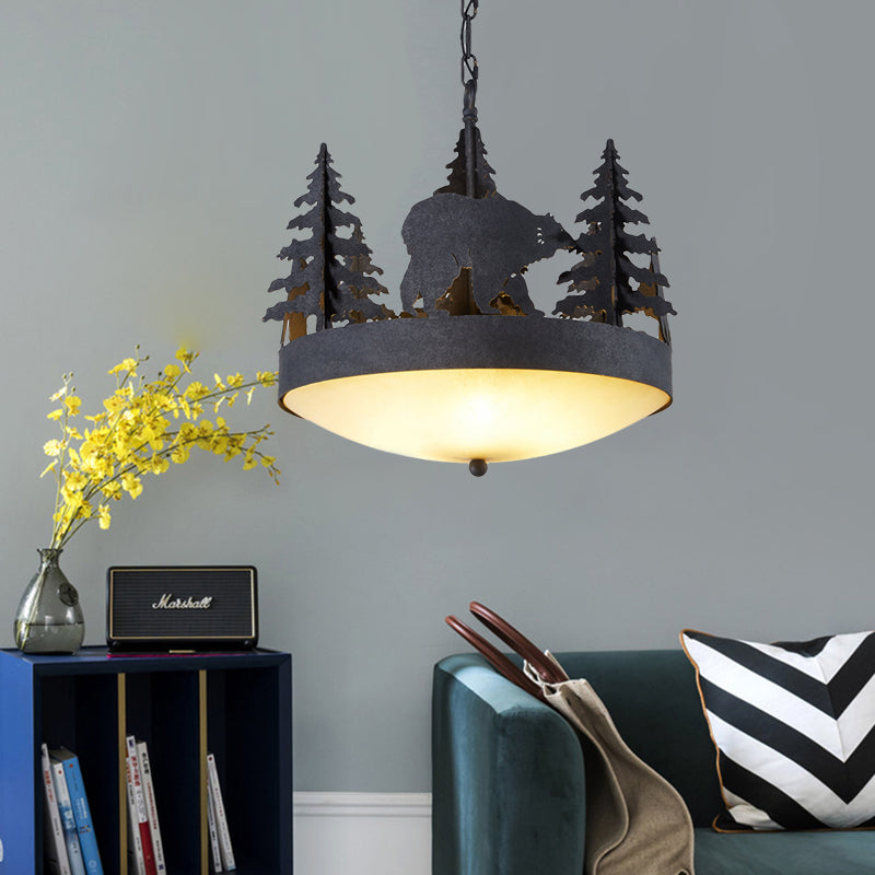 Frosted Glass Bowl Hanging Chandelier Country 3 Lights Living Room Pendant Light in Black with Tree and Bear Black Clearhalo 'Ceiling Lights' 'Chandeliers' 'Glass shade' 'Glass' Lighting' 228255