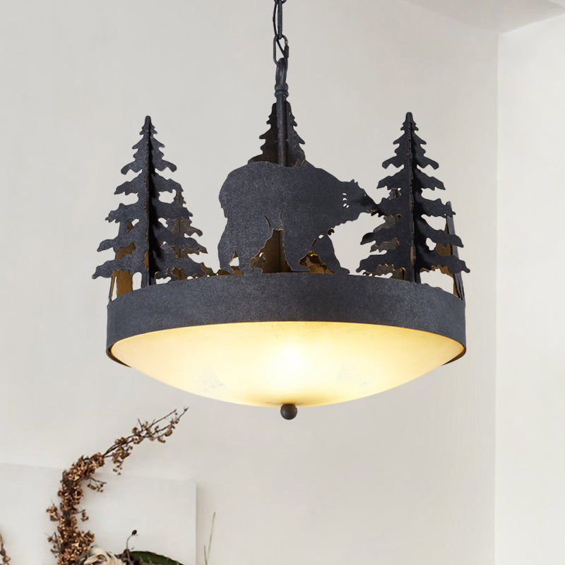 Frosted Glass Bowl Hanging Chandelier Country 3 Lights Living Room Pendant Light in Black with Tree and Bear Clearhalo 'Ceiling Lights' 'Chandeliers' 'Glass shade' 'Glass' Lighting' 228256