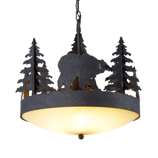 Frosted Glass Bowl Hanging Chandelier Country 3 Lights Living Room Pendant Light in Black with Tree and Bear Clearhalo 'Ceiling Lights' 'Chandeliers' 'Glass shade' 'Glass' Lighting' 228257