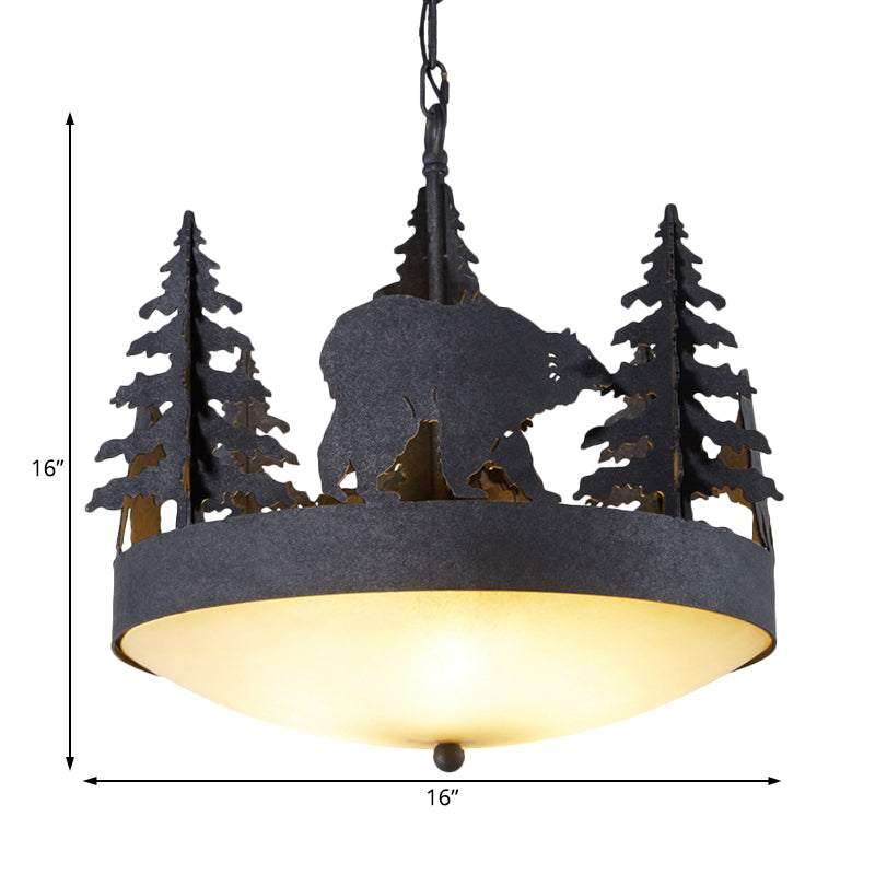 Frosted Glass Bowl Hanging Chandelier Country 3 Lights Living Room Pendant Light in Black with Tree and Bear Clearhalo 'Ceiling Lights' 'Chandeliers' 'Glass shade' 'Glass' Lighting' 228258