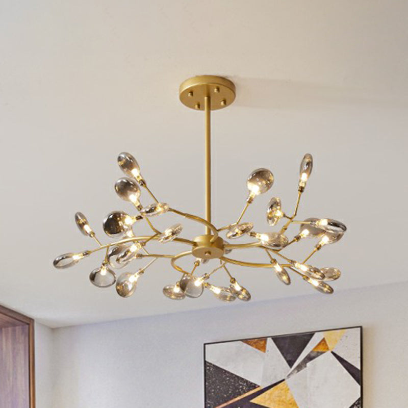 Postmodern Style 30-Light Chandelier Brass Firefly Hanging Light with Acrylic Shade Smoke Gray Clearhalo 'Ceiling Lights' 'Chandeliers' 'Clear' 'Industrial' 'Modern Chandeliers' 'Modern' 'Tiffany' 'Traditional Chandeliers' Lighting' 2282603