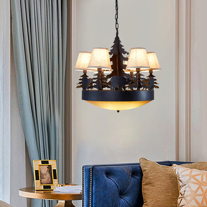 8 Bulbs Bowl Chandelier Light Country Black Opal Glass Hanging Ceiling Fixture with Cone Fabric Shade Black Clearhalo 'Ceiling Lights' 'Chandeliers' 'Close To Ceiling Lights' 'Glass shade' 'Glass' Lighting' 228273