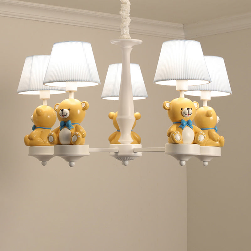 Yellow Bear Toy Chandelier Cartoon Resin Suspension Light with Tapered Gathered Fabric Shade Clearhalo 'Ceiling Lights' 'Chandeliers' Lighting' options 2282741