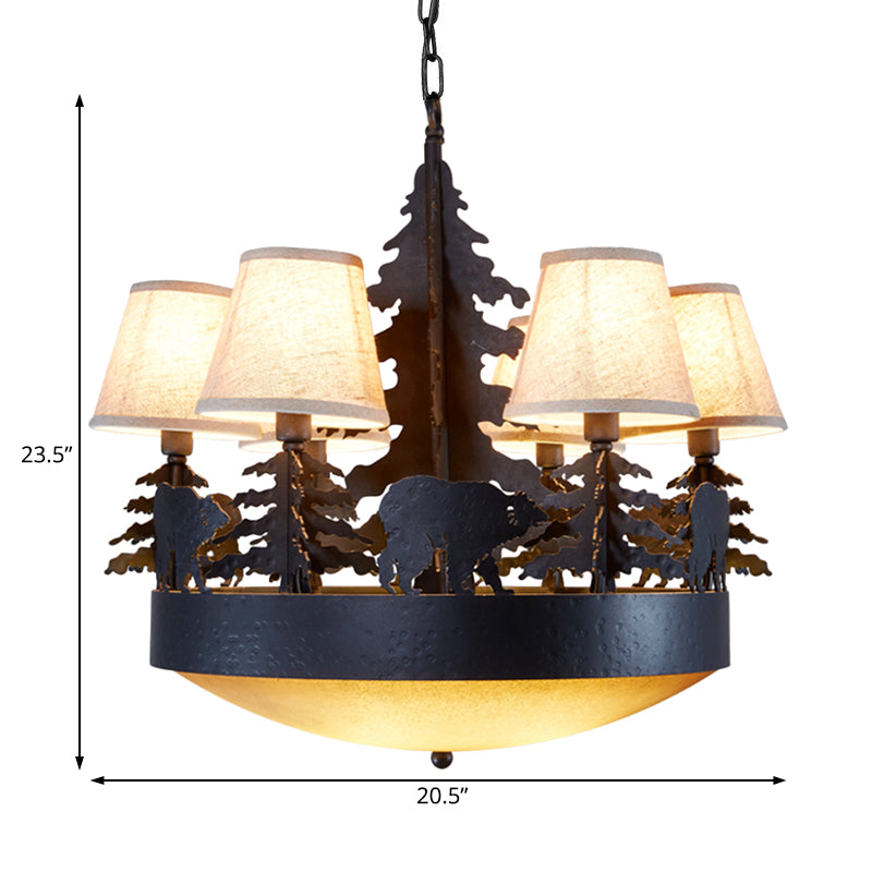 8 Bulbs Bowl Chandelier Light Country Black Opal Glass Hanging Ceiling Fixture with Cone Fabric Shade Clearhalo 'Ceiling Lights' 'Chandeliers' 'Close To Ceiling Lights' 'Glass shade' 'Glass' Lighting' 228276