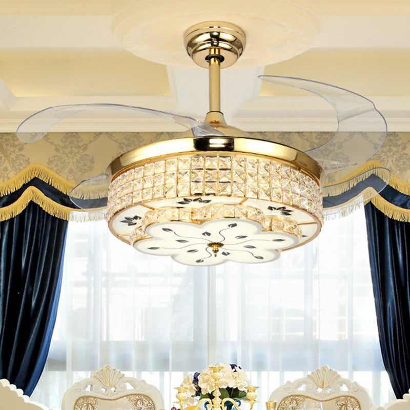 Floral Crystal Embedded Ceiling Fan Lamp Modern Gold Finish LED Semi Flush Light with 4 Clear Blades Clearhalo 'Ceiling Fans with Lights' 'Ceiling Fans' 'Modern Ceiling Fans' 'Modern' Lighting' 2282847