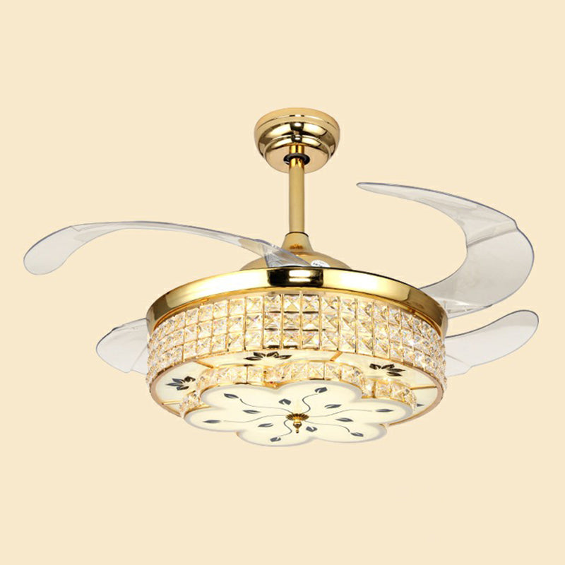 Floral Crystal Embedded Ceiling Fan Lamp Modern Gold Finish LED Semi Flush Light with 4 Clear Blades Gold 36" Remote Clearhalo 'Ceiling Fans with Lights' 'Ceiling Fans' 'Modern Ceiling Fans' 'Modern' Lighting' 2282848