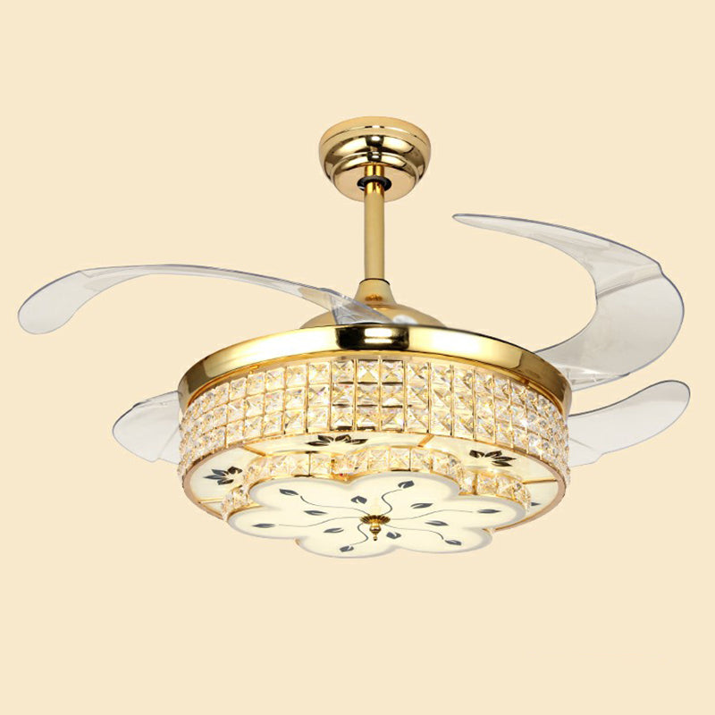 Floral Crystal Embedded Ceiling Fan Lamp Modern Gold Finish LED Semi Flush Light with 4 Clear Blades Gold 42" Remote Clearhalo 'Ceiling Fans with Lights' 'Ceiling Fans' 'Modern Ceiling Fans' 'Modern' Lighting' 2282849
