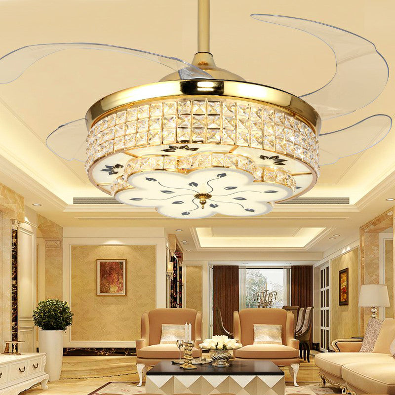 Floral Crystal Embedded Ceiling Fan Lamp Modern Gold Finish LED Semi Flush Light with 4 Clear Blades Clearhalo 'Ceiling Fans with Lights' 'Ceiling Fans' 'Modern Ceiling Fans' 'Modern' Lighting' 2282850