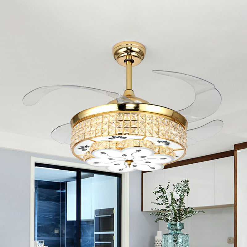 Floral Crystal Embedded Ceiling Fan Lamp Modern Gold Finish LED Semi Flush Light with 4 Clear Blades Clearhalo 'Ceiling Fans with Lights' 'Ceiling Fans' 'Modern Ceiling Fans' 'Modern' Lighting' 2282852