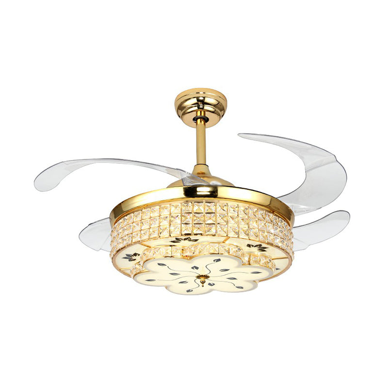 Floral Crystal Embedded Ceiling Fan Lamp Modern Gold Finish LED Semi Flush Light with 4 Clear Blades Clearhalo 'Ceiling Fans with Lights' 'Ceiling Fans' 'Modern Ceiling Fans' 'Modern' Lighting' 2282853