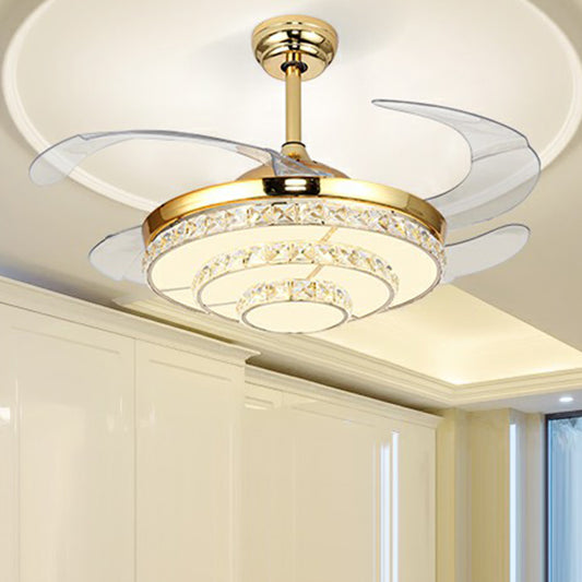 4-Blade Tiered Round Bedroom Hanging Fan Light Crystal Modernist LED Semi Flush Light in Gold, 42" W Gold Remote Clearhalo 'Ceiling Fans with Lights' 'Ceiling Fans' 'Modern Ceiling Fans' 'Modern' Lighting' 2282854