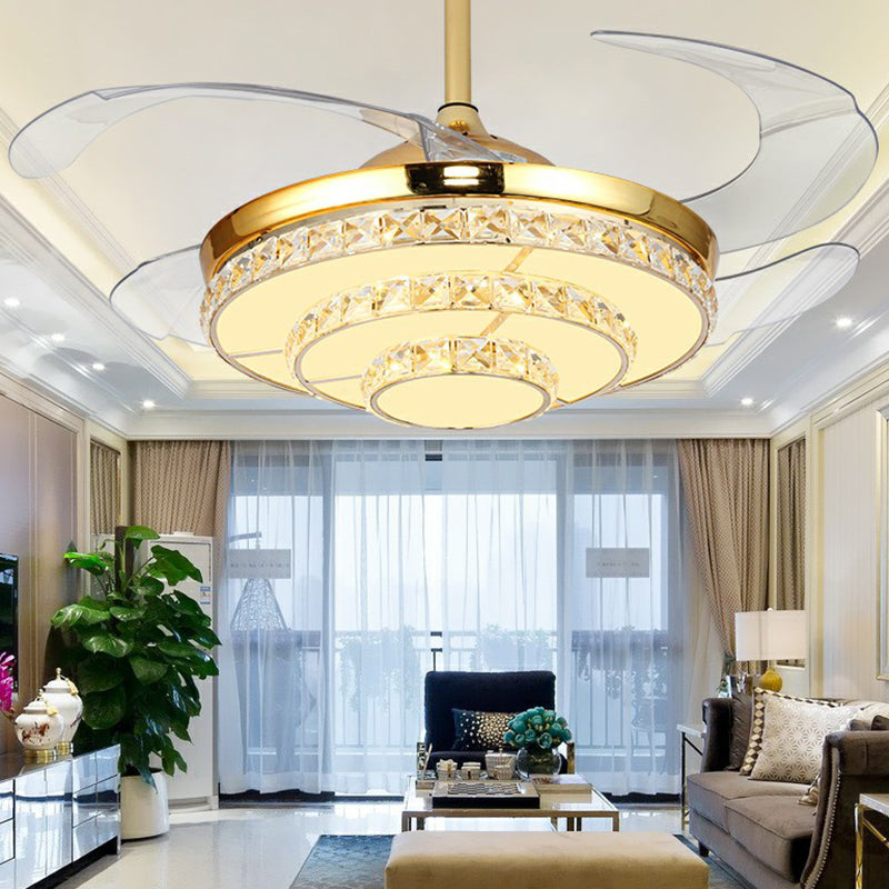 4-Blade Tiered Round Bedroom Hanging Fan Light Crystal Modernist LED Semi Flush Light in Gold, 42" W Clearhalo 'Ceiling Fans with Lights' 'Ceiling Fans' 'Modern Ceiling Fans' 'Modern' Lighting' 2282855