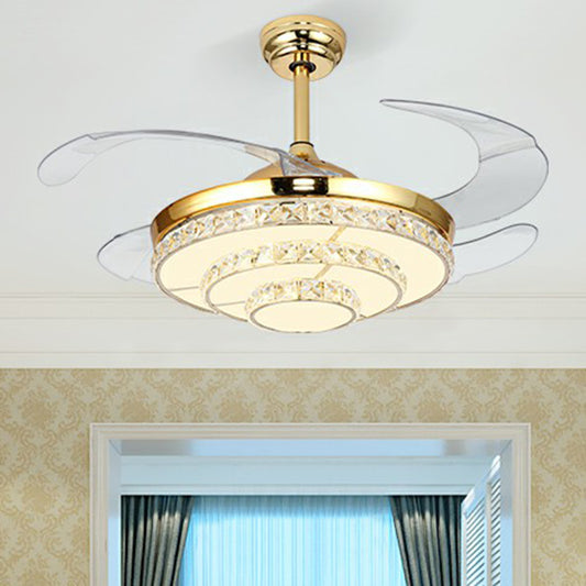 4-Blade Tiered Round Bedroom Hanging Fan Light Crystal Modernist LED Semi Flush Light in Gold, 42" W Clearhalo 'Ceiling Fans with Lights' 'Ceiling Fans' 'Modern Ceiling Fans' 'Modern' Lighting' 2282856