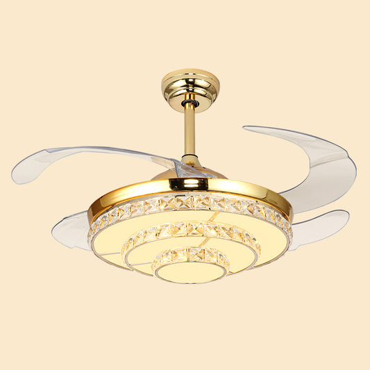 4-Blade Tiered Round Bedroom Hanging Fan Light Crystal Modernist LED Semi Flush Light in Gold, 42" W Clearhalo 'Ceiling Fans with Lights' 'Ceiling Fans' 'Modern Ceiling Fans' 'Modern' Lighting' 2282857
