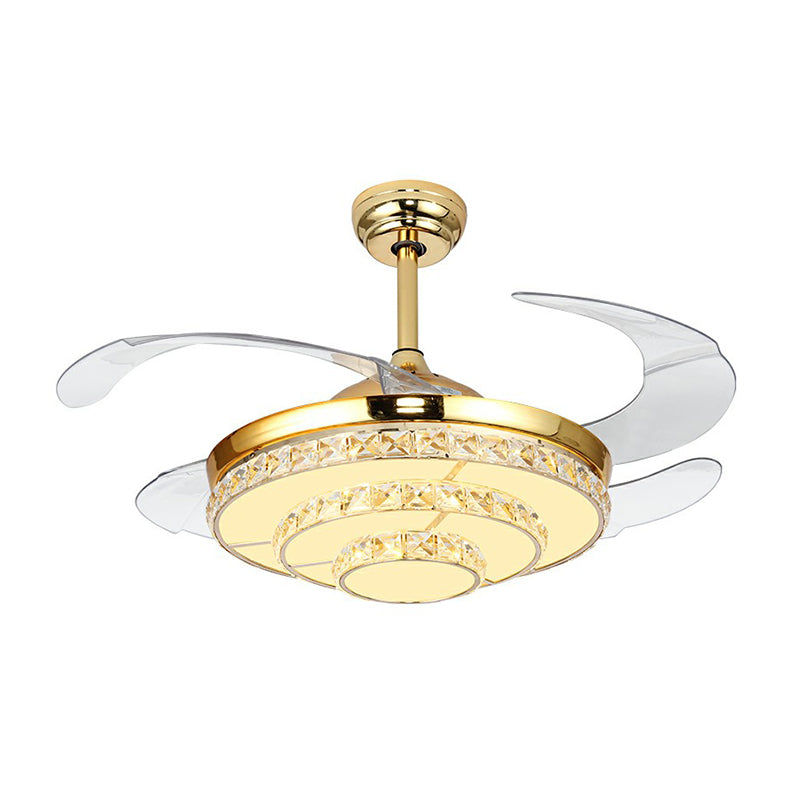 4-Blade Tiered Round Bedroom Hanging Fan Light Crystal Modernist LED Semi Flush Light in Gold, 42" W Clearhalo 'Ceiling Fans with Lights' 'Ceiling Fans' 'Modern Ceiling Fans' 'Modern' Lighting' 2282858