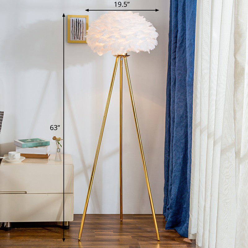 Dome Bedside Floor Lamp Feather 1 Head Nordic Style Standing Light with Brass Tripod White Clearhalo 'Floor Lamps' 'Lamps' Lighting' 2282861