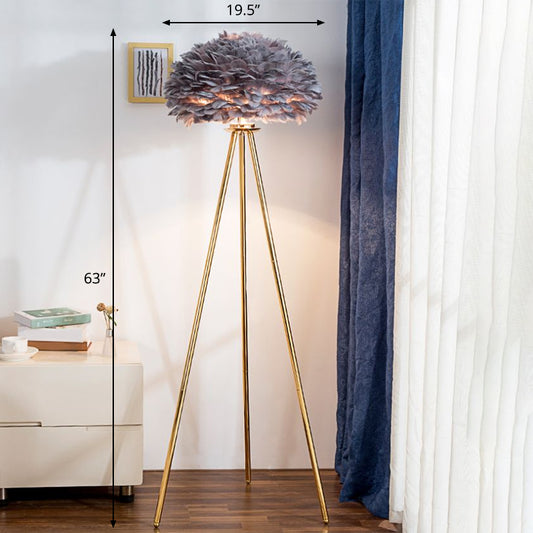 Dome Bedside Floor Lamp Feather 1 Head Nordic Style Standing Light with Brass Tripod Grey Clearhalo 'Floor Lamps' 'Lamps' Lighting' 2282863
