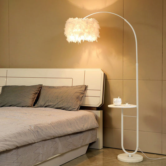 White Drum Standing Floor Lamp Simplicity Single Feather Floor Light with Tray and Arc Arm Clearhalo 'Floor Lamps' 'Lamps' Lighting' 2282888