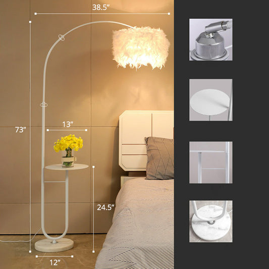 White Drum Standing Floor Lamp Simplicity Single Feather Floor Light with Tray and Arc Arm Clearhalo 'Floor Lamps' 'Lamps' Lighting' 2282890