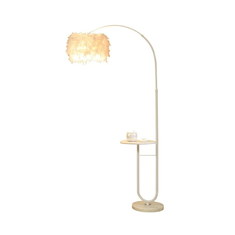 White Drum Standing Floor Lamp Simplicity Single Feather Floor Light with Tray and Arc Arm Clearhalo 'Floor Lamps' 'Lamps' Lighting' 2282891