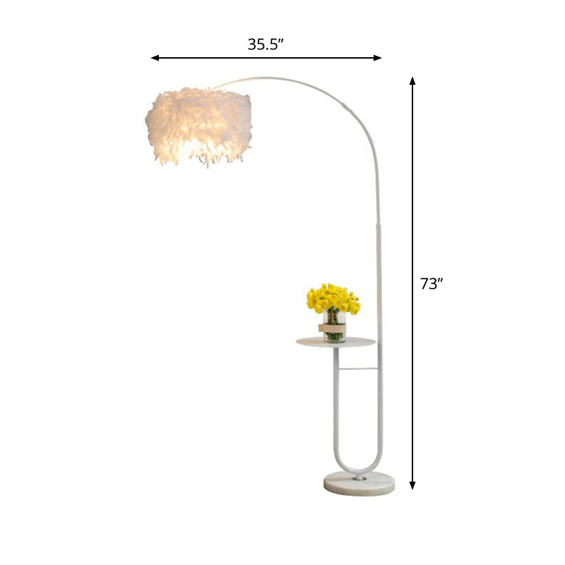 White Drum Standing Floor Lamp Simplicity Single Feather Floor Light with Tray and Arc Arm Clearhalo 'Floor Lamps' 'Lamps' Lighting' 2282892