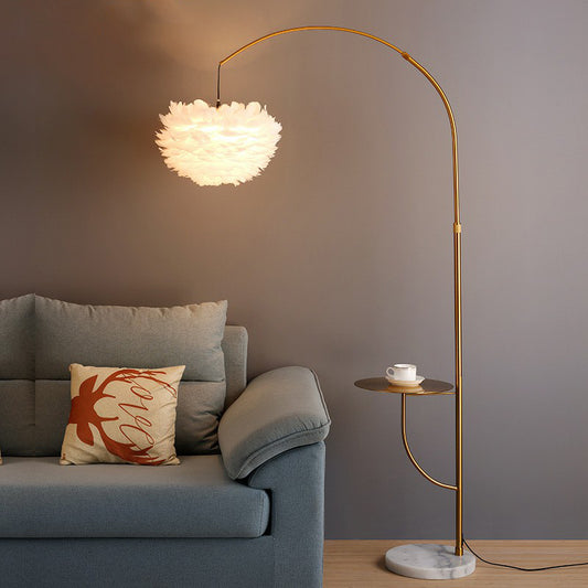 Antique Gold Arc Standing Lamp Postmodern 1-Bulb Metal Tray Floor Light with Suspended Feather Shade Clearhalo 'Floor Lamps' 'Lamps' Lighting' 2282893