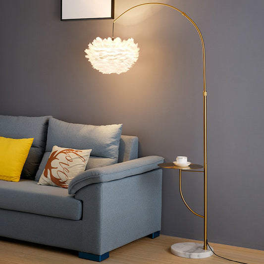 Antique Gold Arc Standing Lamp Postmodern 1-Bulb Metal Tray Floor Light with Suspended Feather Shade Clearhalo 'Floor Lamps' 'Lamps' Lighting' 2282895