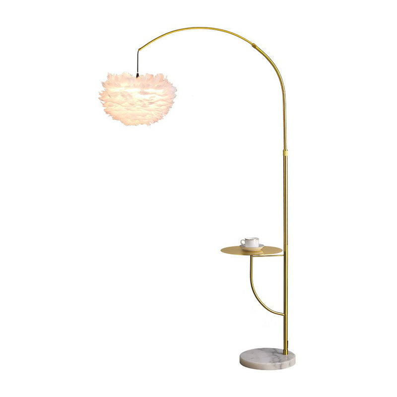 Antique Gold Arc Standing Lamp Postmodern 1-Bulb Metal Tray Floor Light with Suspended Feather Shade Clearhalo 'Floor Lamps' 'Lamps' Lighting' 2282897