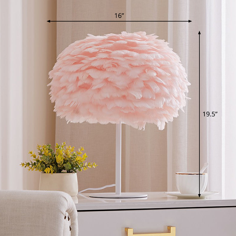 Nordic Stylish 1-Bulb Table Lamp Hemispherical Nightstand Light with Feather Shade Pink Clearhalo 'Lamps' 'Table Lamps' Lighting' 2282923
