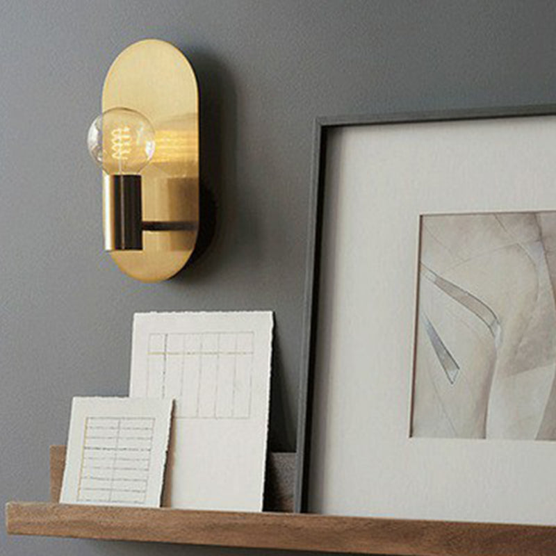 Exposed Bulb Design Sconce Light Postmodern Metal 1-Light Gold Finish Wall Light with Oval Backplate Clearhalo 'Cast Iron' 'Glass' 'Industrial' 'Modern wall lights' 'Modern' 'Tiffany' 'Traditional wall lights' 'Wall Lamps & Sconces' 'Wall Lights' Lighting' 2282972