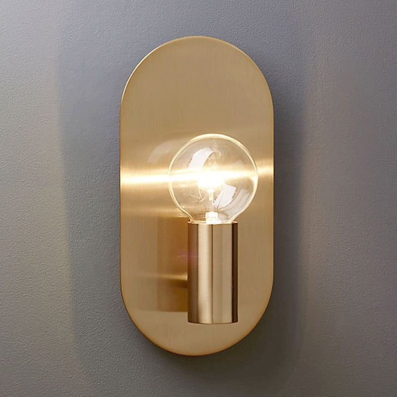 Exposed Bulb Design Sconce Light Postmodern Metal 1-Light Gold Finish Wall Light with Oval Backplate Clearhalo 'Cast Iron' 'Glass' 'Industrial' 'Modern wall lights' 'Modern' 'Tiffany' 'Traditional wall lights' 'Wall Lamps & Sconces' 'Wall Lights' Lighting' 2282977
