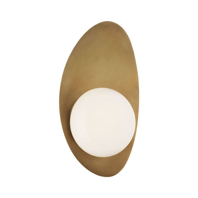 Antique Brass Oval Wall Lighting Postmodern 1 Bulb Metal Sconce Lamp with Ball White Glass Shade Clearhalo 'Cast Iron' 'Glass' 'Industrial' 'Modern wall lights' 'Modern' 'Tiffany' 'Traditional wall lights' 'Wall Lamps & Sconces' 'Wall Lights' Lighting' 2282982