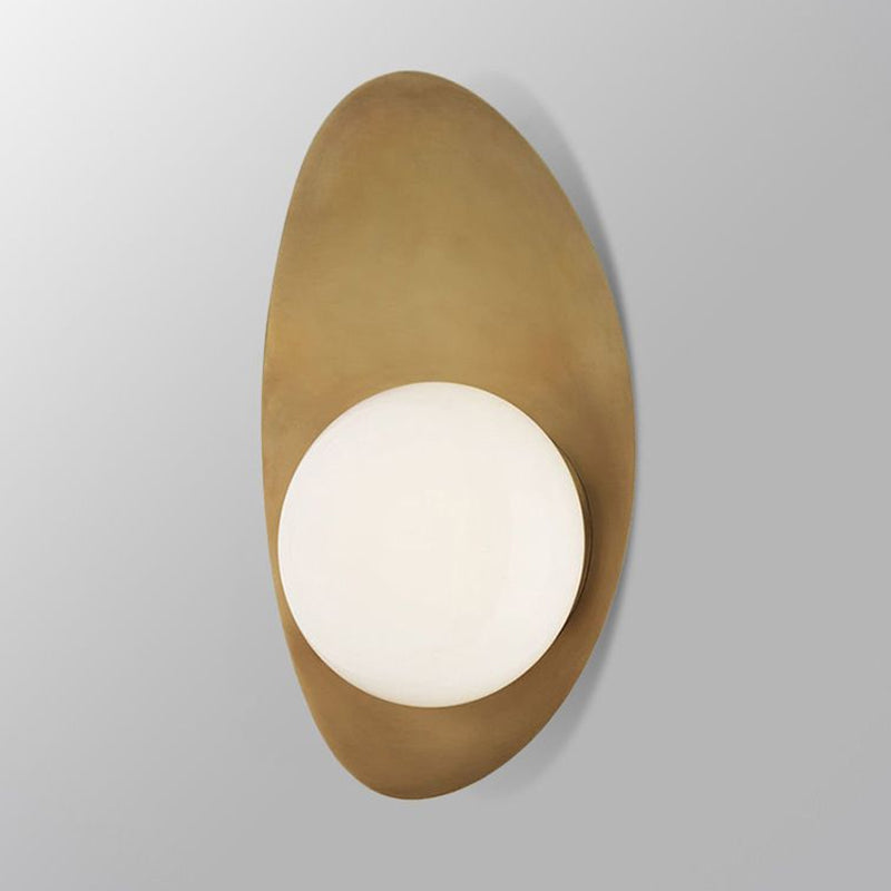 Antique Brass Oval Wall Lighting Postmodern 1 Bulb Metal Sconce Lamp with Ball White Glass Shade Clearhalo 'Cast Iron' 'Glass' 'Industrial' 'Modern wall lights' 'Modern' 'Tiffany' 'Traditional wall lights' 'Wall Lamps & Sconces' 'Wall Lights' Lighting' 2282983