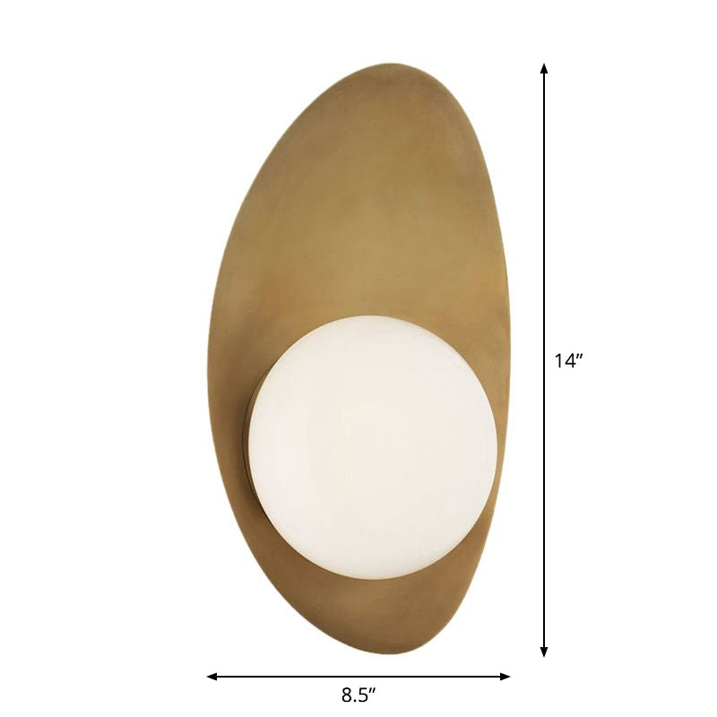 Antique Brass Oval Wall Lighting Postmodern 1 Bulb Metal Sconce Lamp with Ball White Glass Shade Clearhalo 'Cast Iron' 'Glass' 'Industrial' 'Modern wall lights' 'Modern' 'Tiffany' 'Traditional wall lights' 'Wall Lamps & Sconces' 'Wall Lights' Lighting' 2282985
