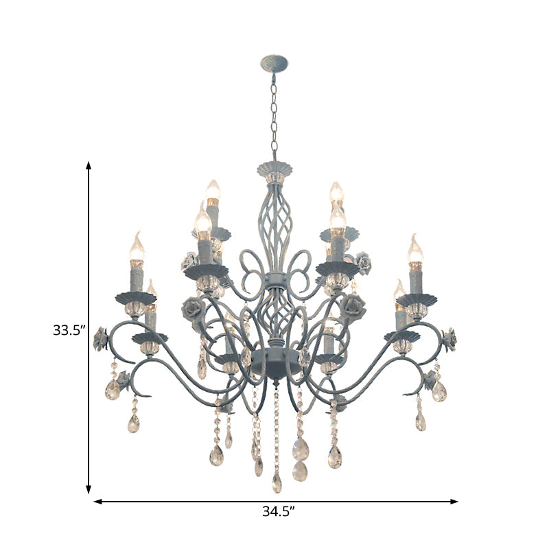 Blue Candelabra Hanging Ceiling Light Traditional Metal 12 Lights Living Room Chandelier Light with Crystal Drop Clearhalo 'Ceiling Lights' 'Chandeliers' Lighting' options 228300